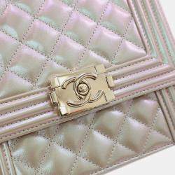 Pre Owned Chanel Gold Quilted Iridescent Calfskin North South Boy Flap