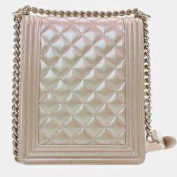 Pre Owned Chanel Gold Quilted Iridescent Calfskin North South Boy Flap