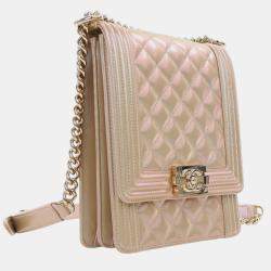 Pre Owned Chanel Gold Quilted Iridescent Calfskin North South Boy Flap