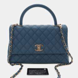 Pre Owned Chanel Blue Small Quilted Caviar Coco Top Handle Bag