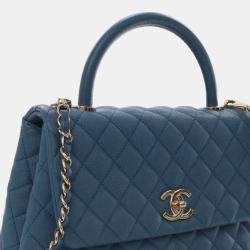 Pre Owned Chanel Blue Small Quilted Caviar Coco Top Handle Bag