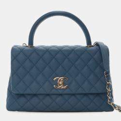 Pre Owned Chanel Blue Small Quilted Caviar Coco Top Handle Bag