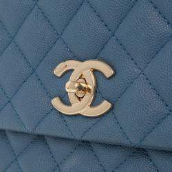 Pre Owned Chanel Blue Small Quilted Caviar Coco Top Handle Bag