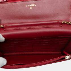 Pre Owned Chanel Red CC Stitched Lambskin Wallet On Chain