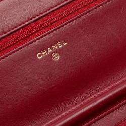 Pre Owned Chanel Red CC Stitched Lambskin Wallet On Chain