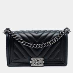 Pre Owned Chanel Black Old Medium Chevron Lambskin Boy Flap