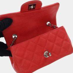 Pre Owned Chanel Red Extra Mini Rectangular Classic Caviar Single Flap