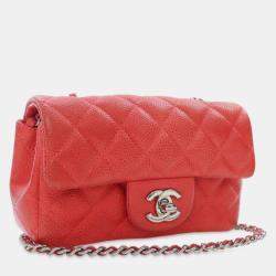 Pre Owned Chanel Red Extra Mini Rectangular Classic Caviar Single Flap