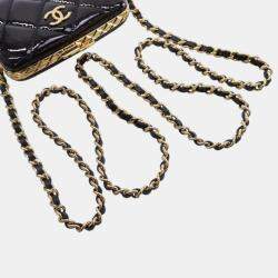Pre Owned Chanel Black Small Glazed Goatskin Box With Chain
