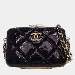 Pre Owned Chanel Black Small Glazed Goatskin Box With Chain