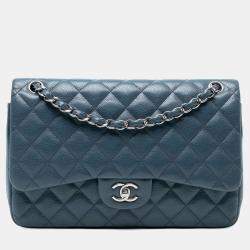 Pre Owned Chanel Blue Jumbo Classic Caviar Double Flap