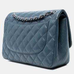 Pre Owned Chanel Blue Jumbo Classic Caviar Double Flap