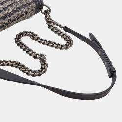 Pre Owned Chanel Grey Old Medium Braided Tweed and Calfskin Boy Flap