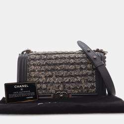 Pre Owned Chanel Grey Old Medium Braided Tweed and Calfskin Boy Flap