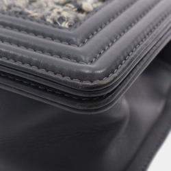 Pre Owned Chanel Grey Old Medium Braided Tweed and Calfskin Boy Flap