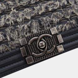 Pre Owned Chanel Grey Old Medium Braided Tweed and Calfskin Boy Flap