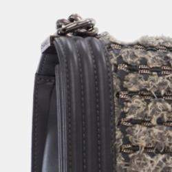 Pre Owned Chanel Grey Old Medium Braided Tweed and Calfskin Boy Flap