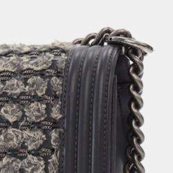 Pre Owned Chanel Grey Old Medium Braided Tweed and Calfskin Boy Flap