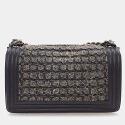 Pre Owned Chanel Grey Old Medium Braided Tweed and Calfskin Boy Flap