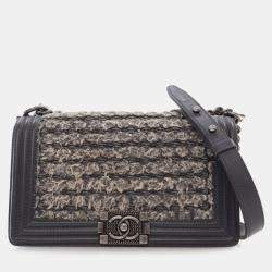 Pre Owned Chanel Grey Old Medium Braided Tweed and Calfskin Boy Flap