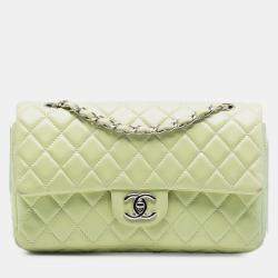Pre Owned Chanel Green Medium Classic Lambskin Double Flap