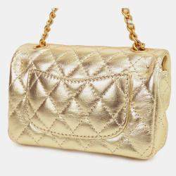 Pre Owned Chanel Gold Mini Classic Metallic Calfskin Charm Double Flap