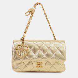 Pre Owned Chanel Gold Mini Classic Metallic Calfskin Charm Double Flap