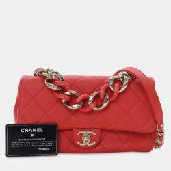 Pre Owned Chanel Red Small Lambskin Elegant Chain Single Flap