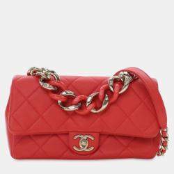 Pre Owned Chanel Red Small Lambskin Elegant Chain Single Flap