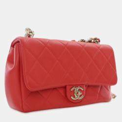 Pre Owned Chanel Red Small Lambskin Elegant Chain Single Flap