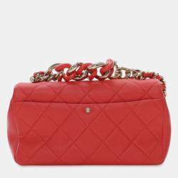 Pre Owned Chanel Red Small Lambskin Elegant Chain Single Flap