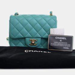 Pre Owned Chanel Blue Mini Square Classic Lambskin Single Flap