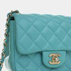 Pre Owned Chanel Blue Mini Square Classic Lambskin Single Flap