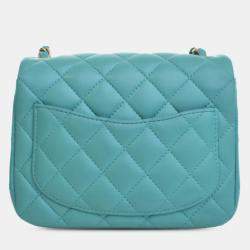 Pre Owned Chanel Blue Mini Square Classic Lambskin Single Flap