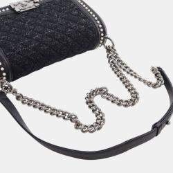 Pre Owned Chanel Black Old Medium Quilted Tweed and Calfskin Pearl Boy Flap
