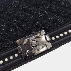 Pre Owned Chanel Black Old Medium Quilted Tweed and Calfskin Pearl Boy Flap