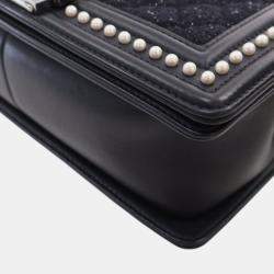Pre Owned Chanel Black Old Medium Quilted Tweed and Calfskin Pearl Boy Flap