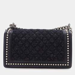 Pre Owned Chanel Black Old Medium Quilted Tweed and Calfskin Pearl Boy Flap