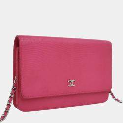 Pre Owned Chanel Pink CC Lizard Embossed Calfskin Wallet On Chain