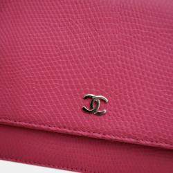 Pre Owned Chanel Pink CC Lizard Embossed Calfskin Wallet On Chain