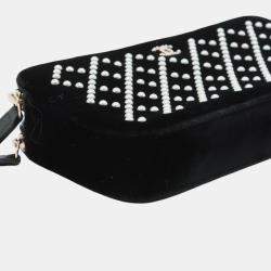 Pre Owned Chanel Black Velour Pearl Embellished Double Zip Clutch with Chain