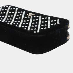 Pre Owned Chanel Black Velour Pearl Embellished Double Zip Clutch with Chain