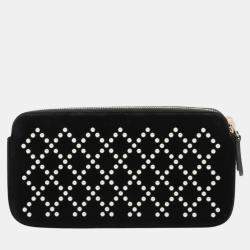 Pre Owned Chanel Black Velour Pearl Embellished Double Zip Clutch with Chain
