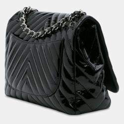 Pre Owned Chanel Black Jumbo Classic Chevron Patent Single Flap