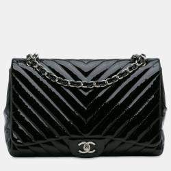 Pre Owned Chanel Black Jumbo Classic Chevron Patent Single Flap