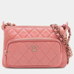 Pre Owned Chanel Pink Small Quilted Lambskin Clutch with Chain Shoulder Bag