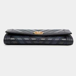 Pre Owned Chanel Navy Blue Chevron Mixed Leathers Boy Wallet on Chain