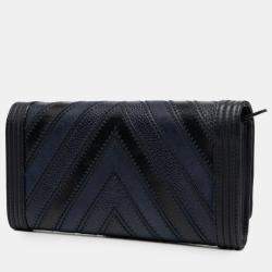 Pre Owned Chanel Navy Blue Chevron Mixed Leathers Boy Wallet on Chain