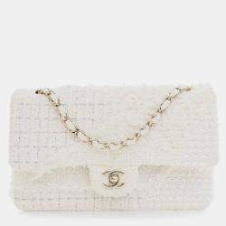 Pre Owned Chanel White Medium Classic Tweed Double Flap