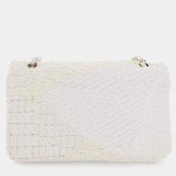 Pre Owned Chanel White Medium Classic Tweed Double Flap